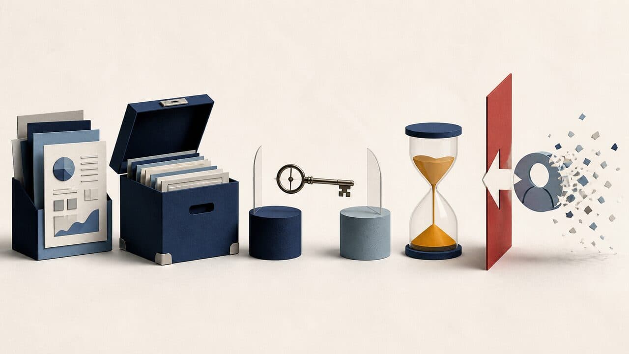 Paper-cut data archive, responsibility key, hourglass, and profile crossing a one-way boundary