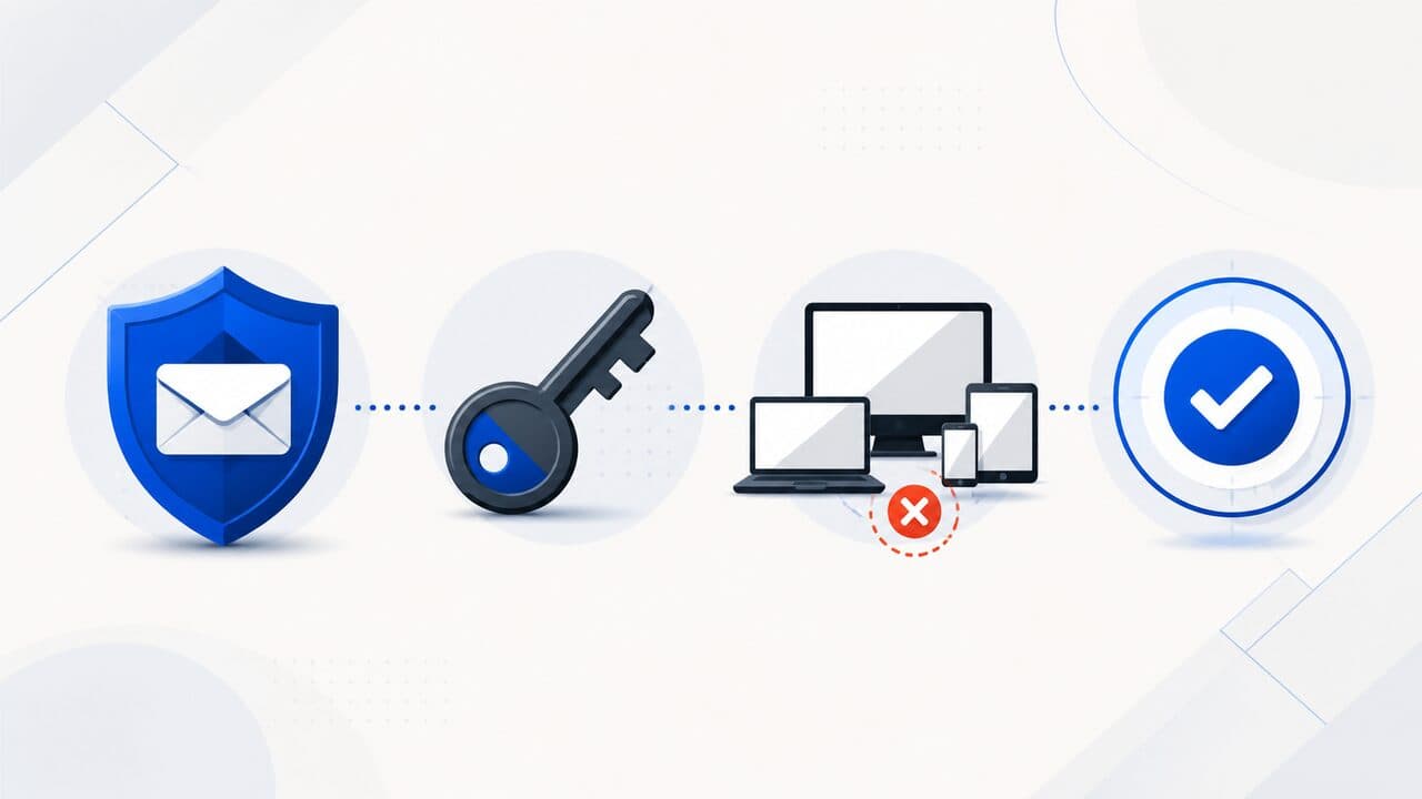 A secure email, account key, device sign-out, and recovery checkpoint in sequence