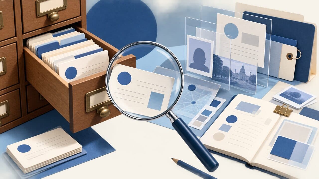 Illustrated card catalog, magnifying glass, evidence layers, and research ledger