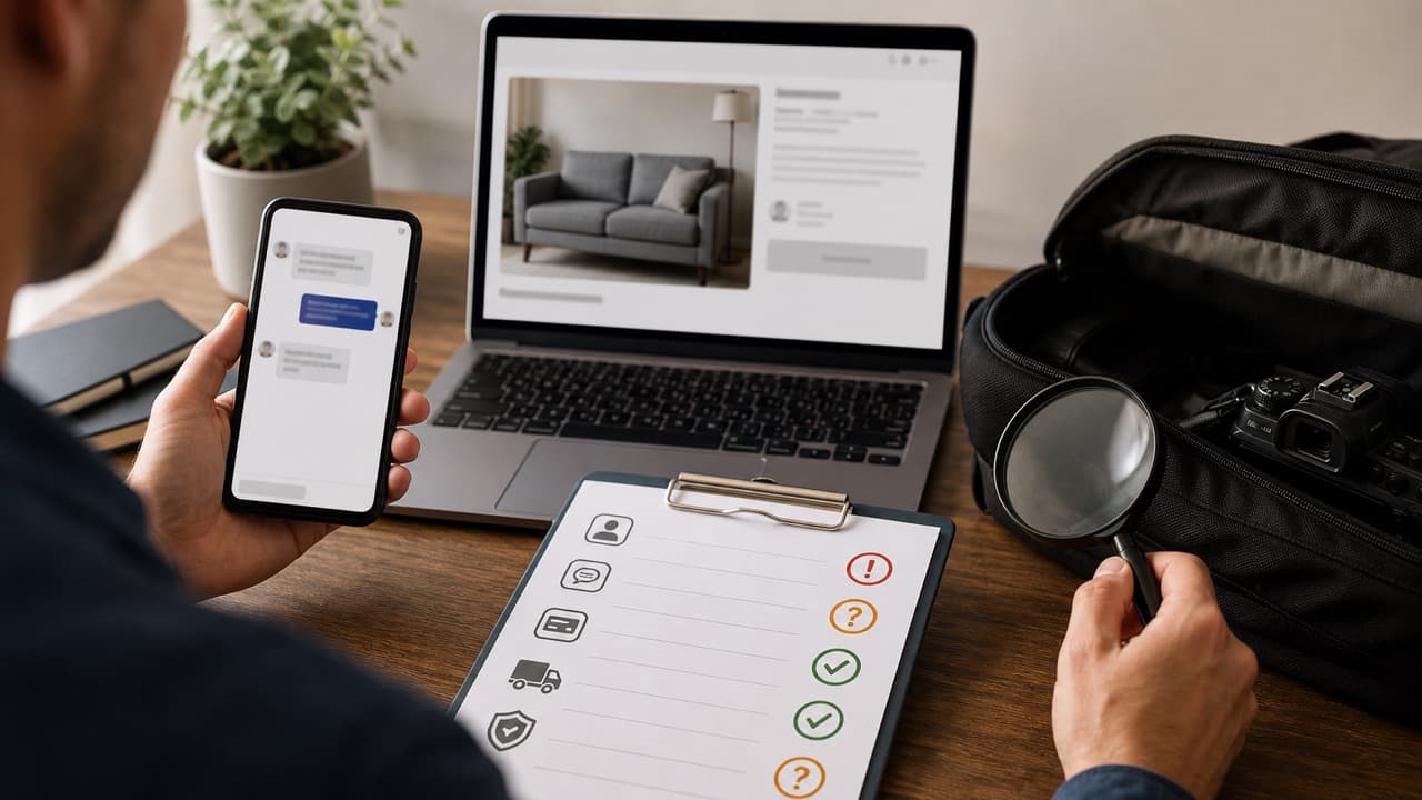 Facebook Marketplace Scam Checker help workflow shown on a phone and laptop