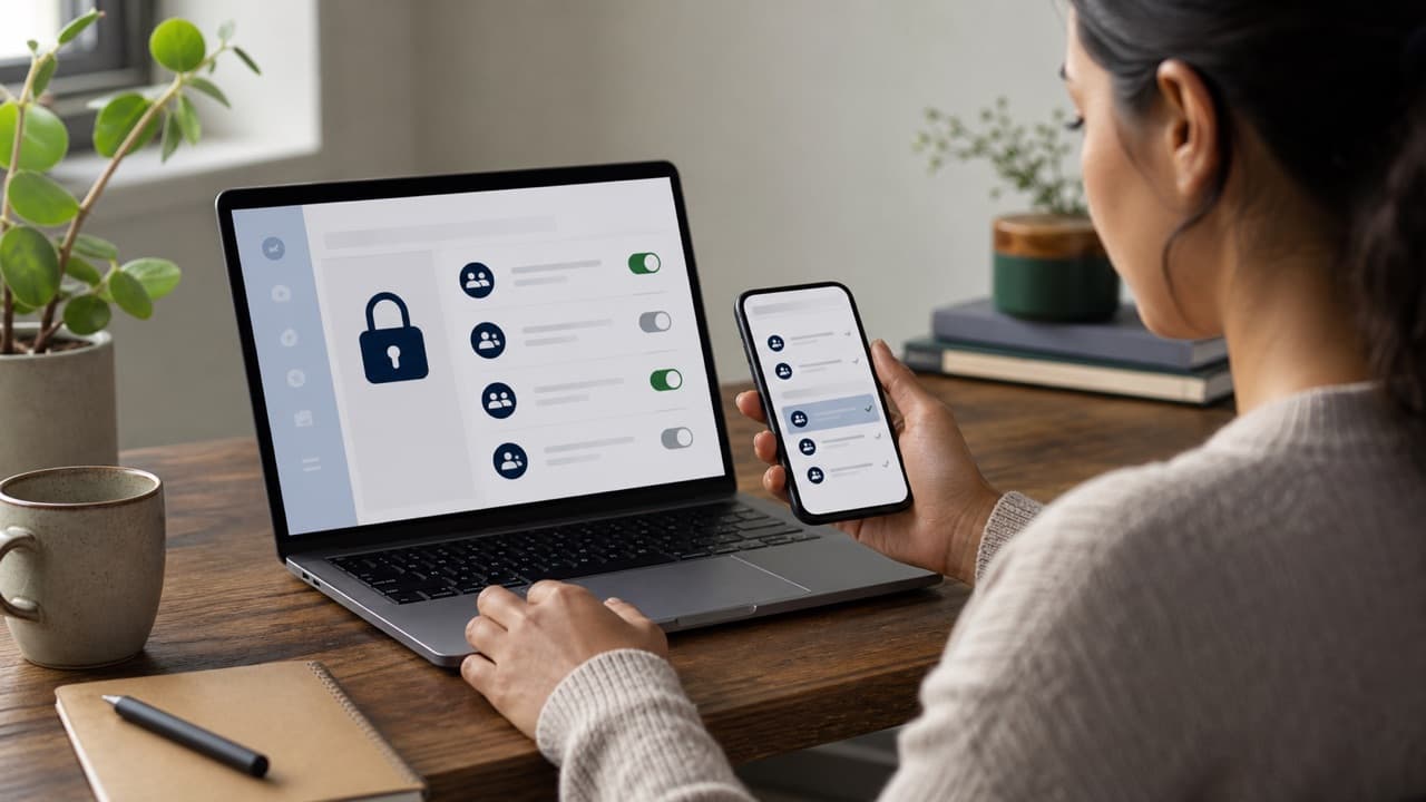 Facebook Privacy Settings Checklist help workflow shown on a phone and laptop
