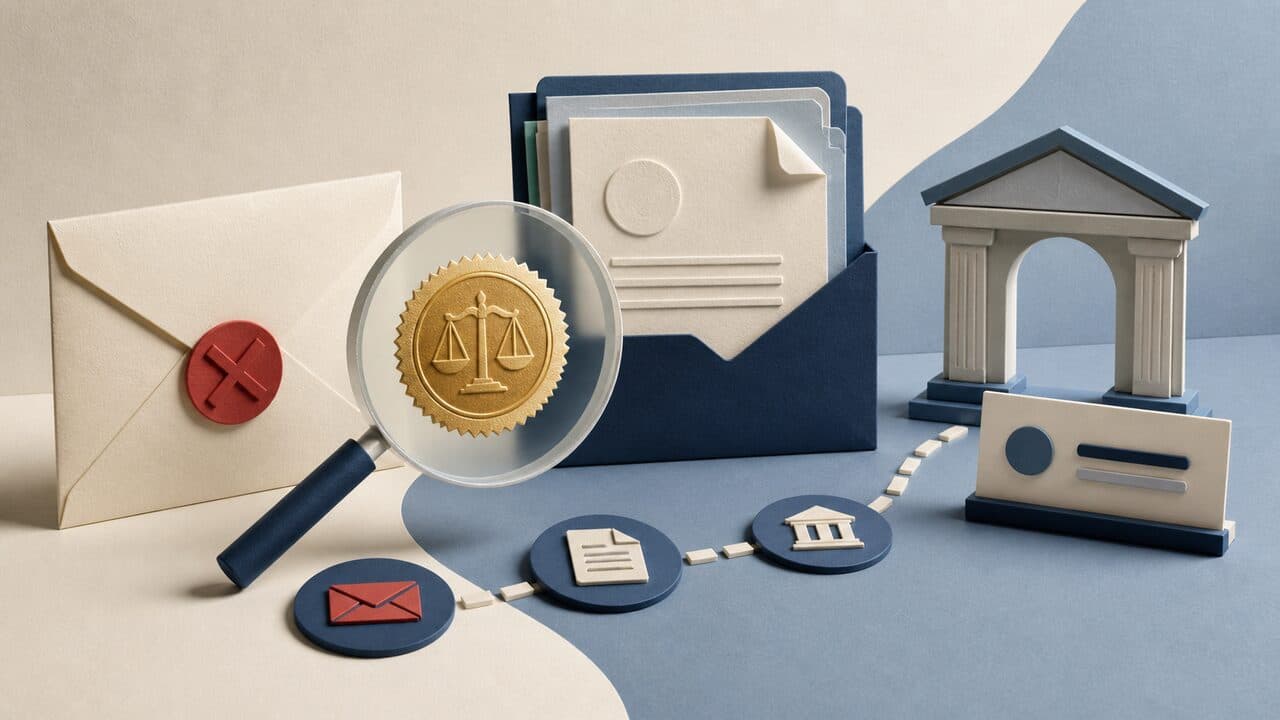 Illustrated envelope, legal documents, magnifying glass, and courthouse verification path