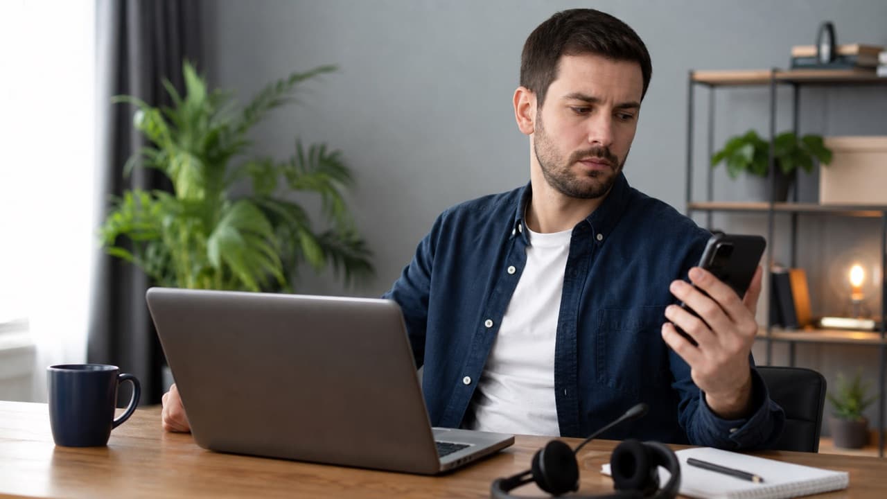 Man checking a phone beside a laptop and support headset