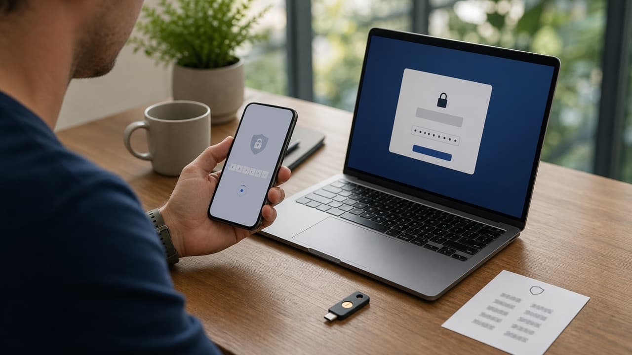 Facebook Two-Factor Authentication Problems help workflow shown on a phone and laptop