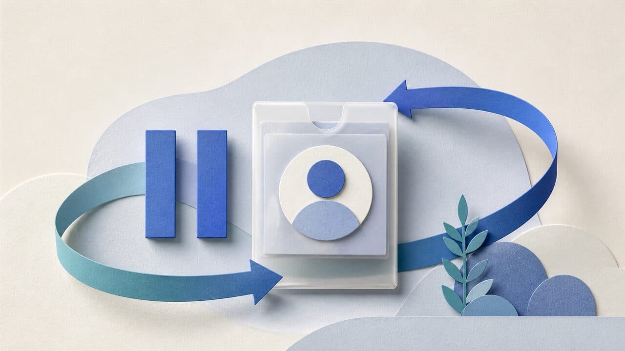 Paper-cut profile archive with pause bars and looping return arrows