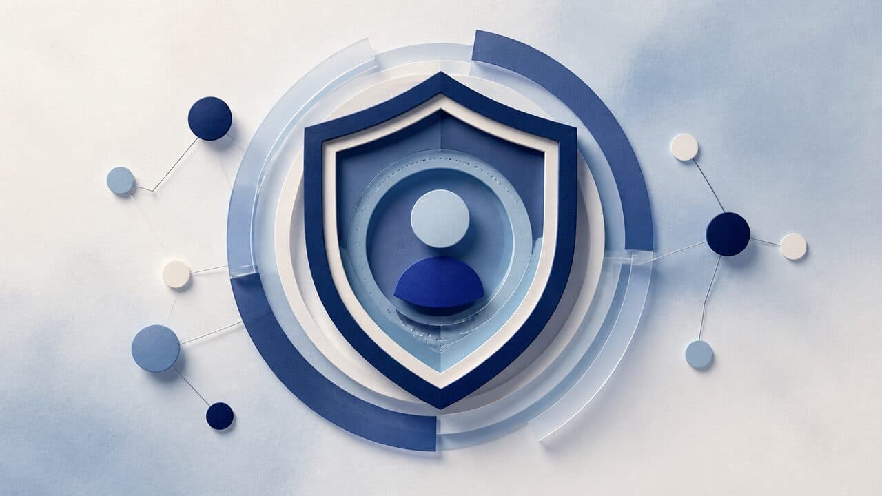 Layered paper shield surrounding an anonymous profile symbol and privacy boundary nodes