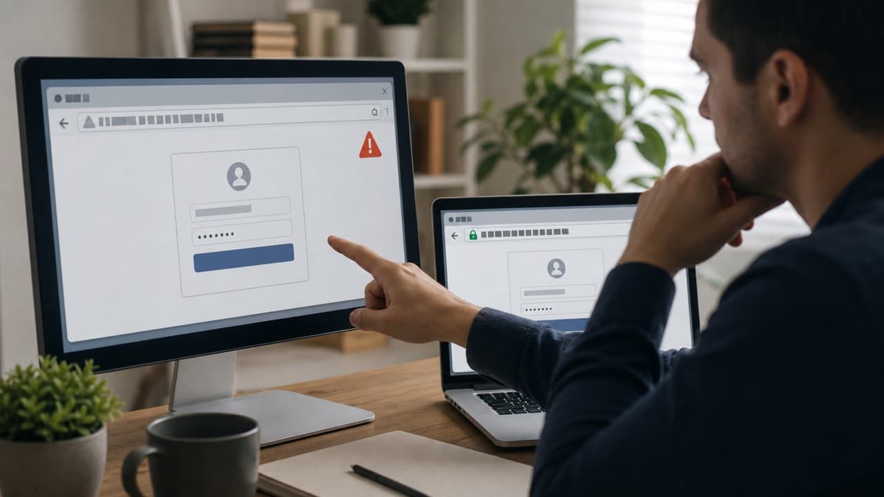 How to Tell If a Facebook Login Page Is Fake help workflow shown on a phone and laptop