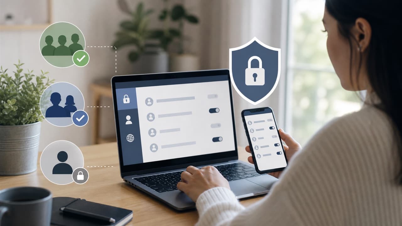 How to Make Your Facebook Profile Private help workflow shown on a phone and laptop