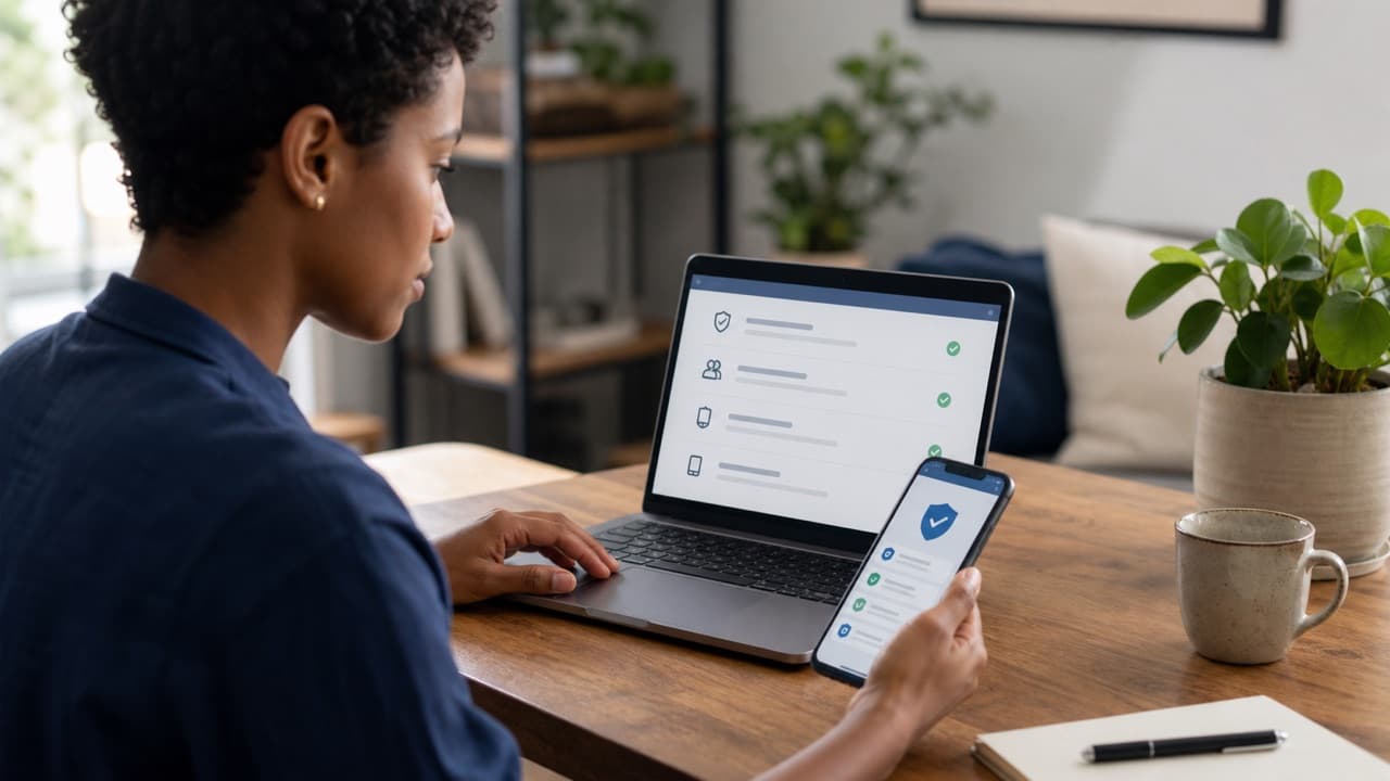 My Facebook Account: Settings and Safety Checklist help workflow shown on a phone and laptop