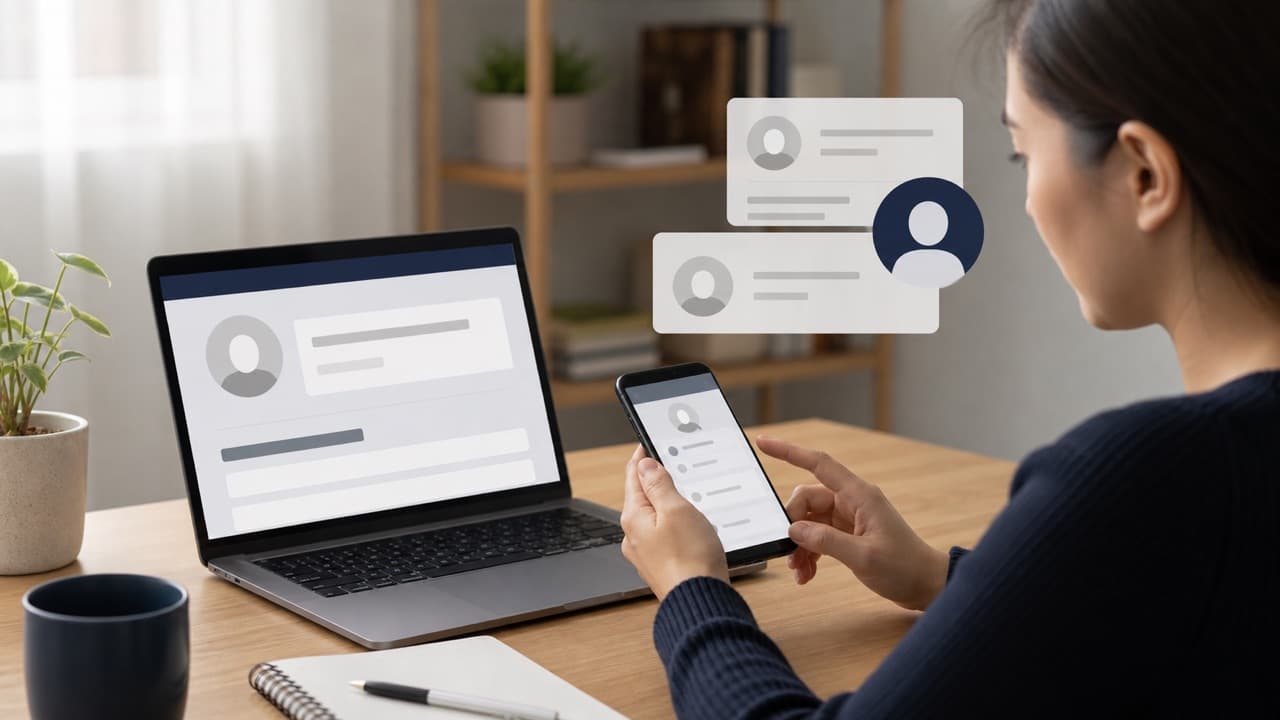 What Is My Facebook Handle? Find Your Username and Profile Link help workflow shown on a phone and laptop