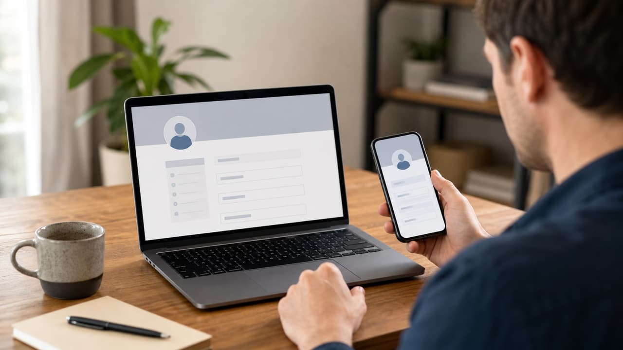 Why Facebook Won't Let Me Change My Name help workflow shown on a phone and laptop