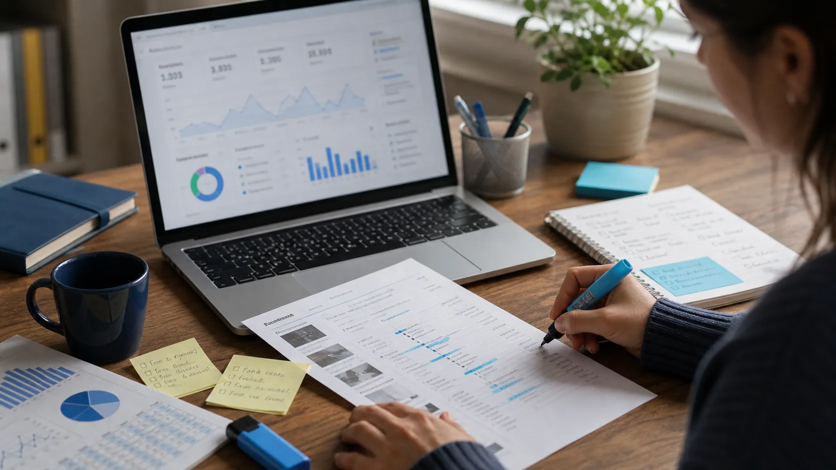 Laptop dashboard with ads research notes and charts
