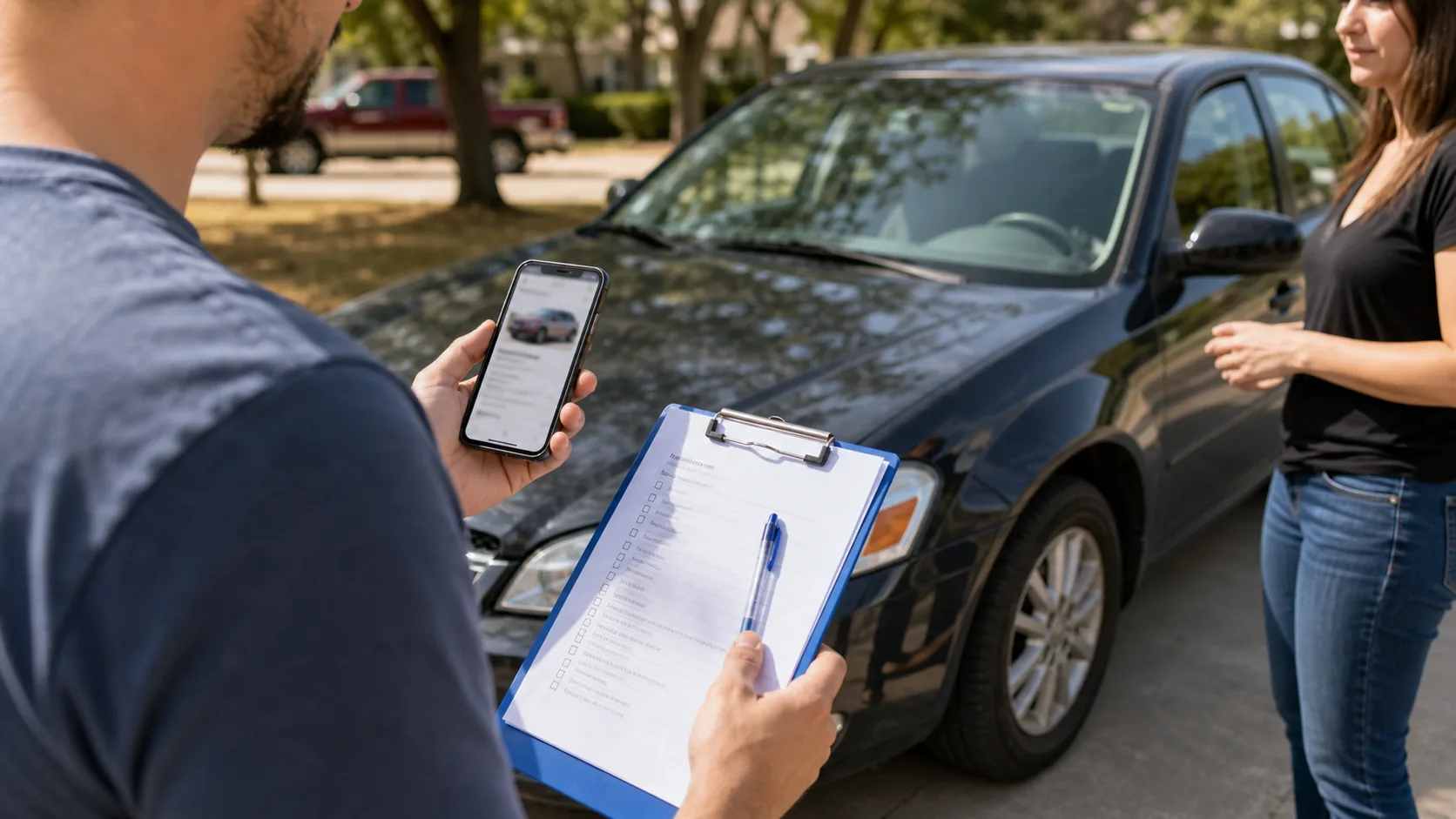Buyer checking a car listing and inspection notes