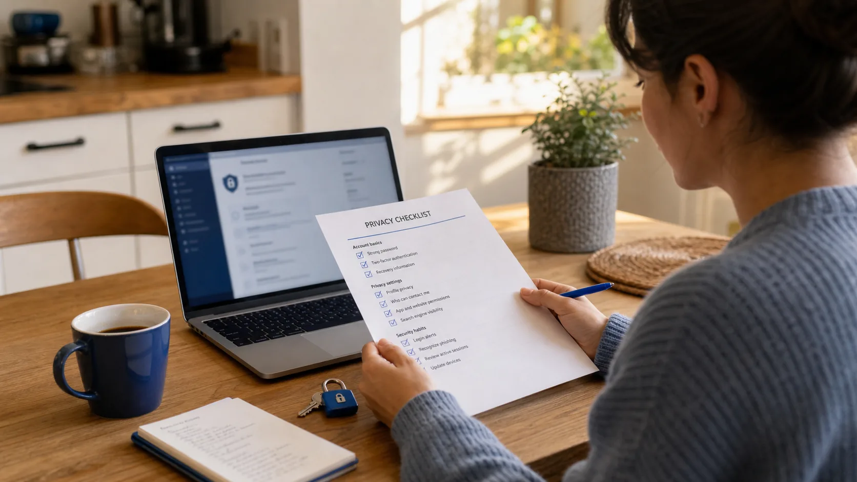 Person reviewing a privacy checklist beside a laptop