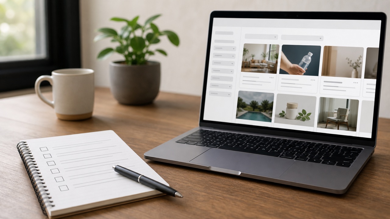 Facebook Ads Library Research Checklist help workflow shown on a phone and laptop