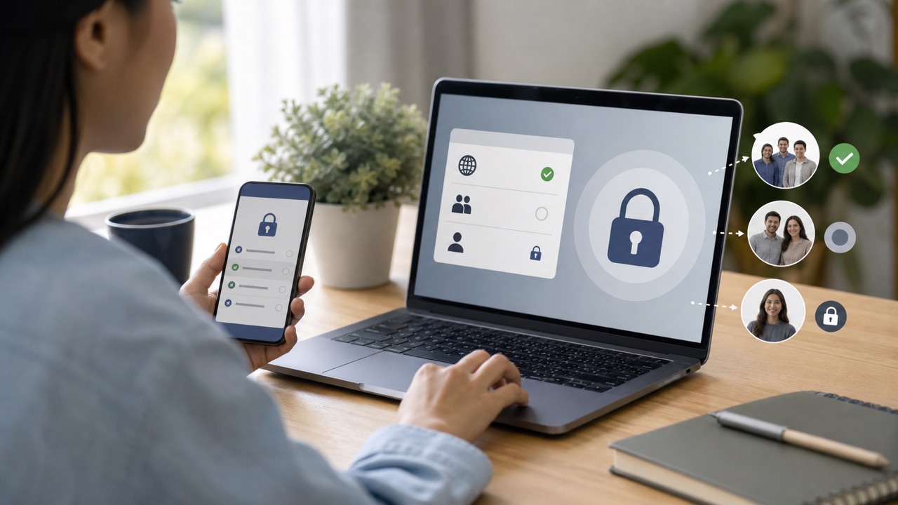 How to Lock Facebook Profile help workflow shown on a phone and laptop