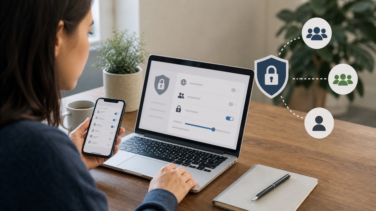 How to Make Privacy on Facebook help workflow shown on a phone and laptop