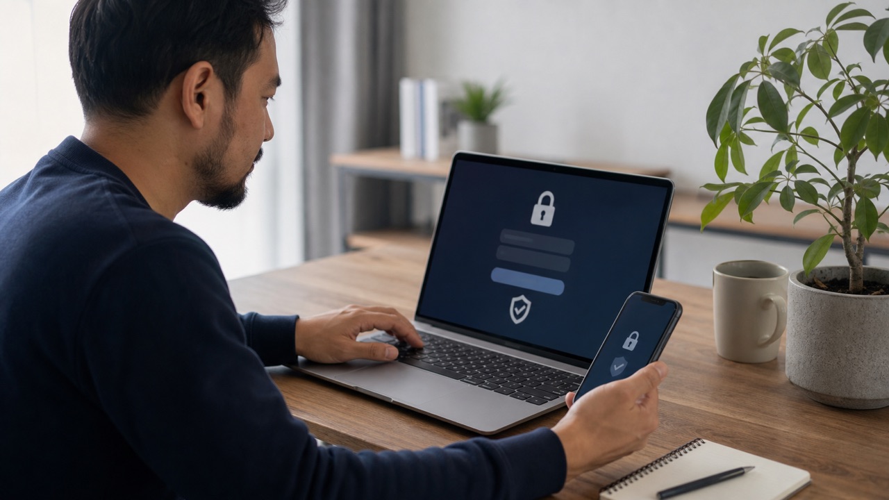 Login to Facebook Safely help workflow shown on a phone and laptop