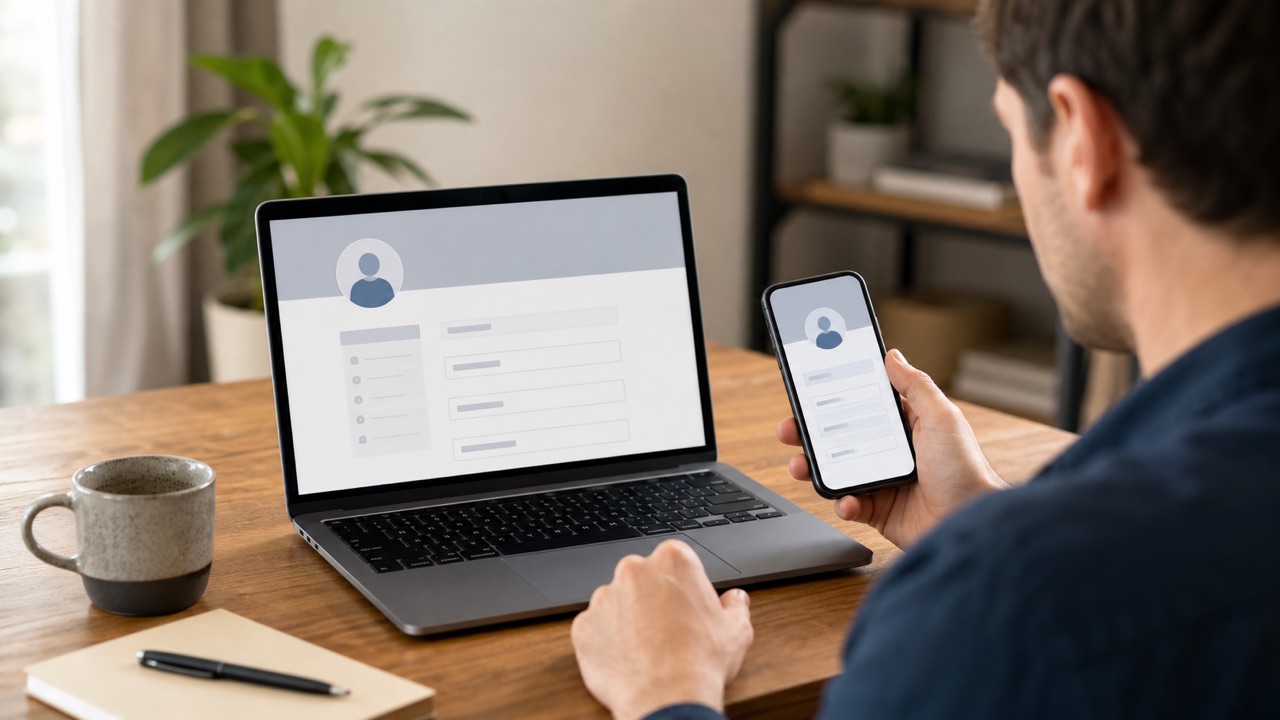 Why Facebook Won't Let Me Change My Name help workflow shown on a phone and laptop